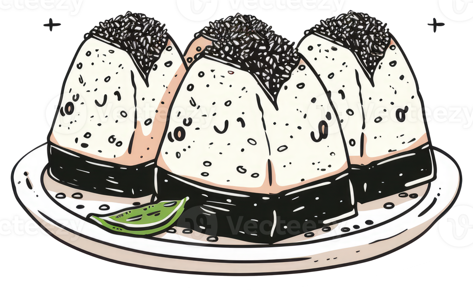 Three delicious rice balls artfully arranged on a simple plate png