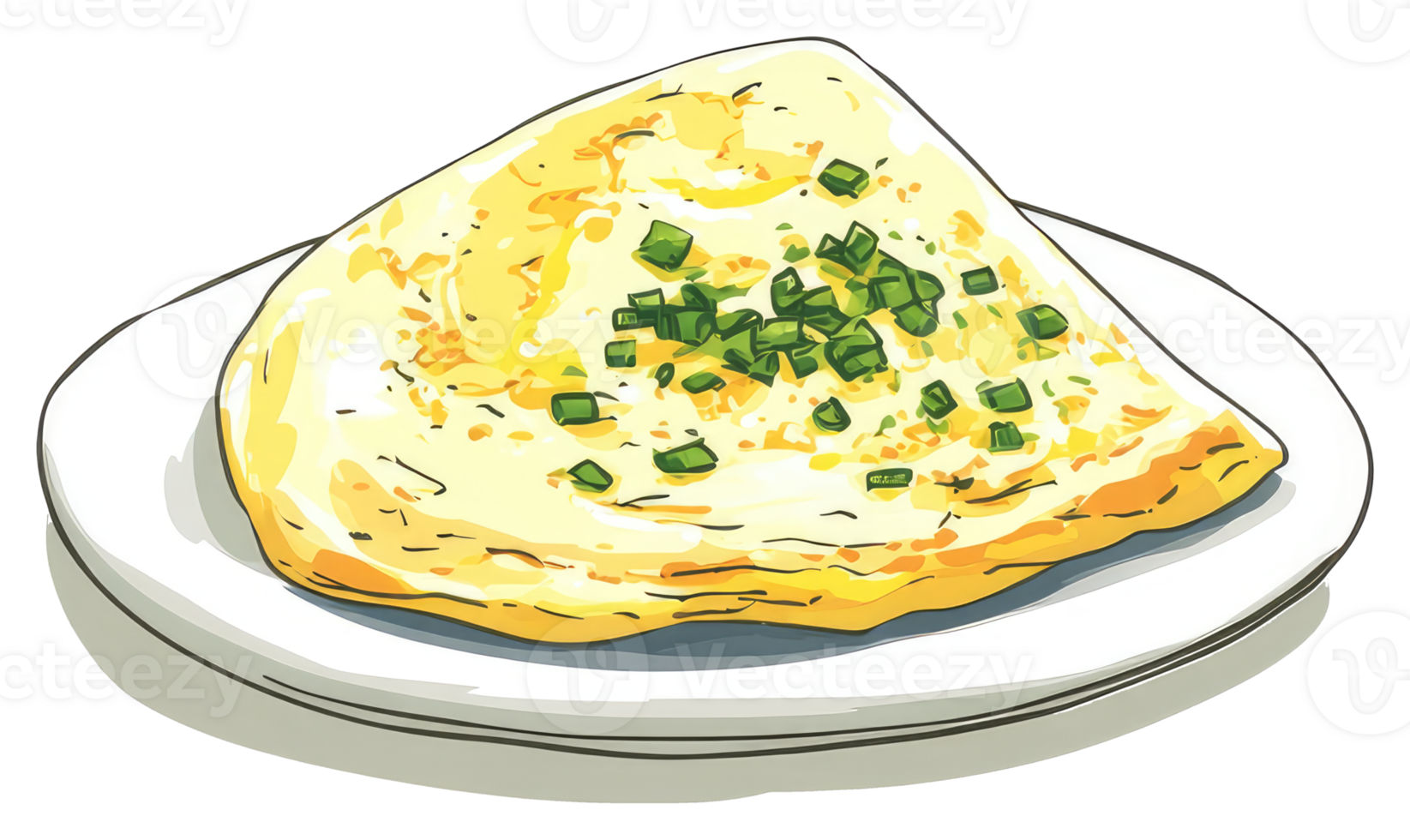 A freshly cooked savory pancake topped with green vegetables on a plate png