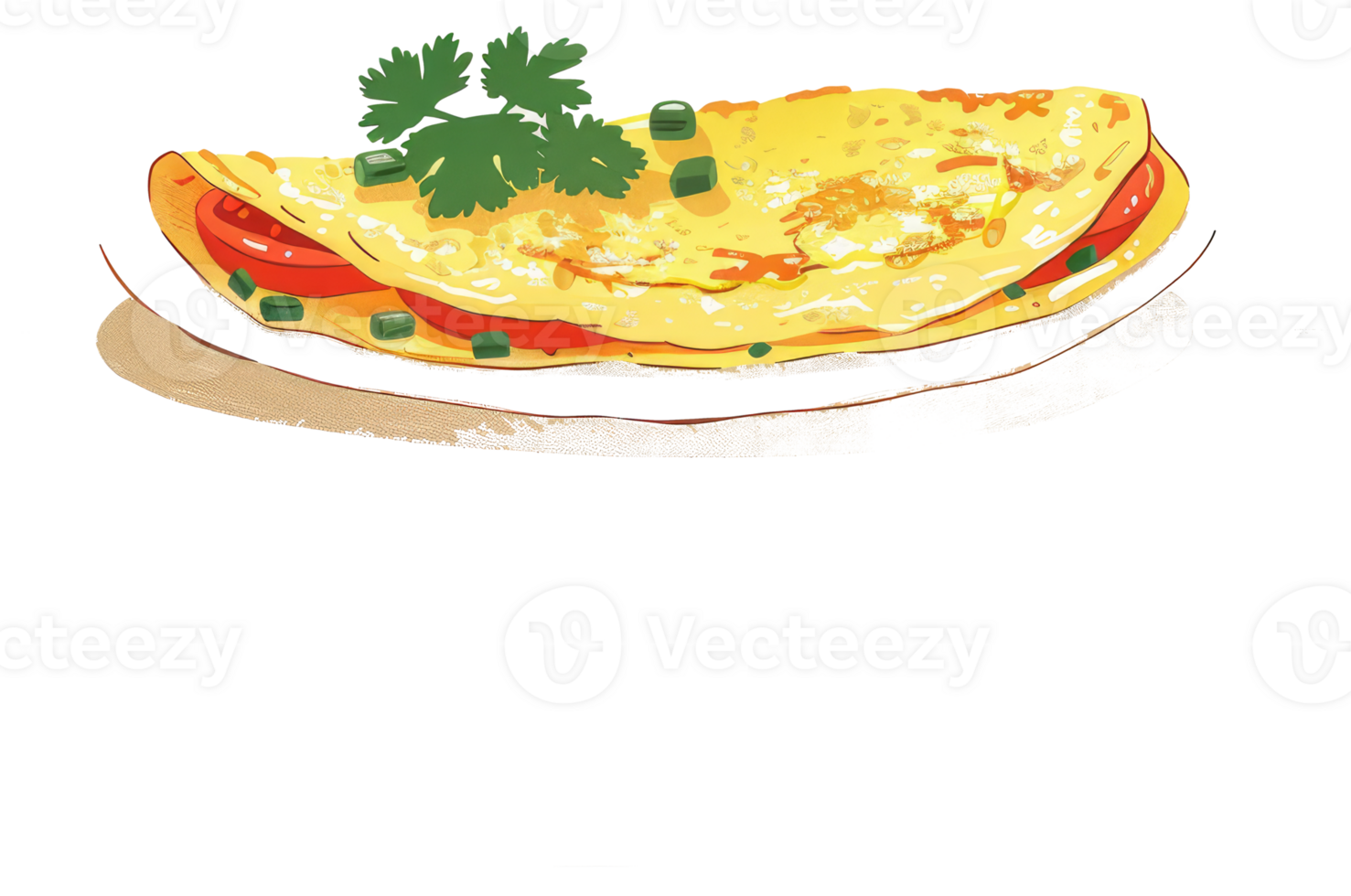 A delicious omelet topped with herbs and tomatoes on a plate png