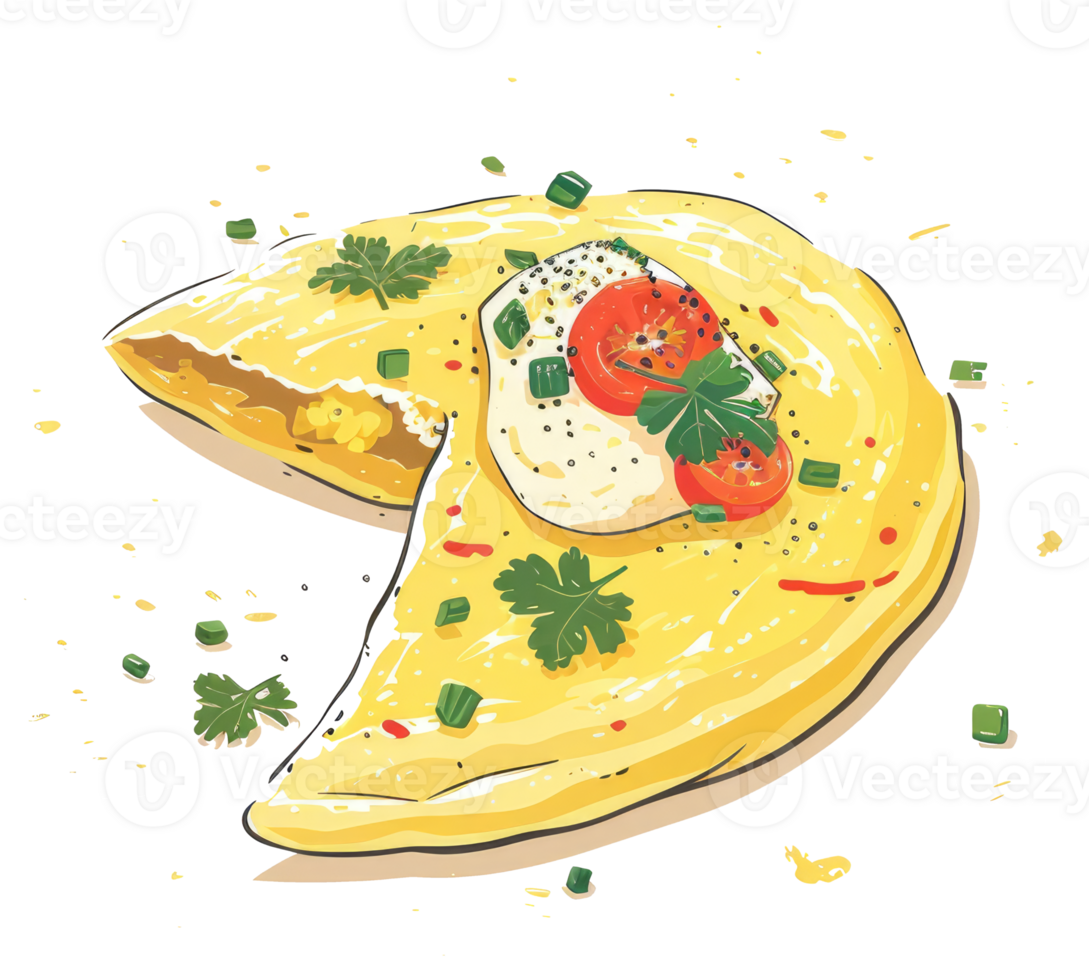 A delicious illustration of a folded omelet with fresh toppings present png