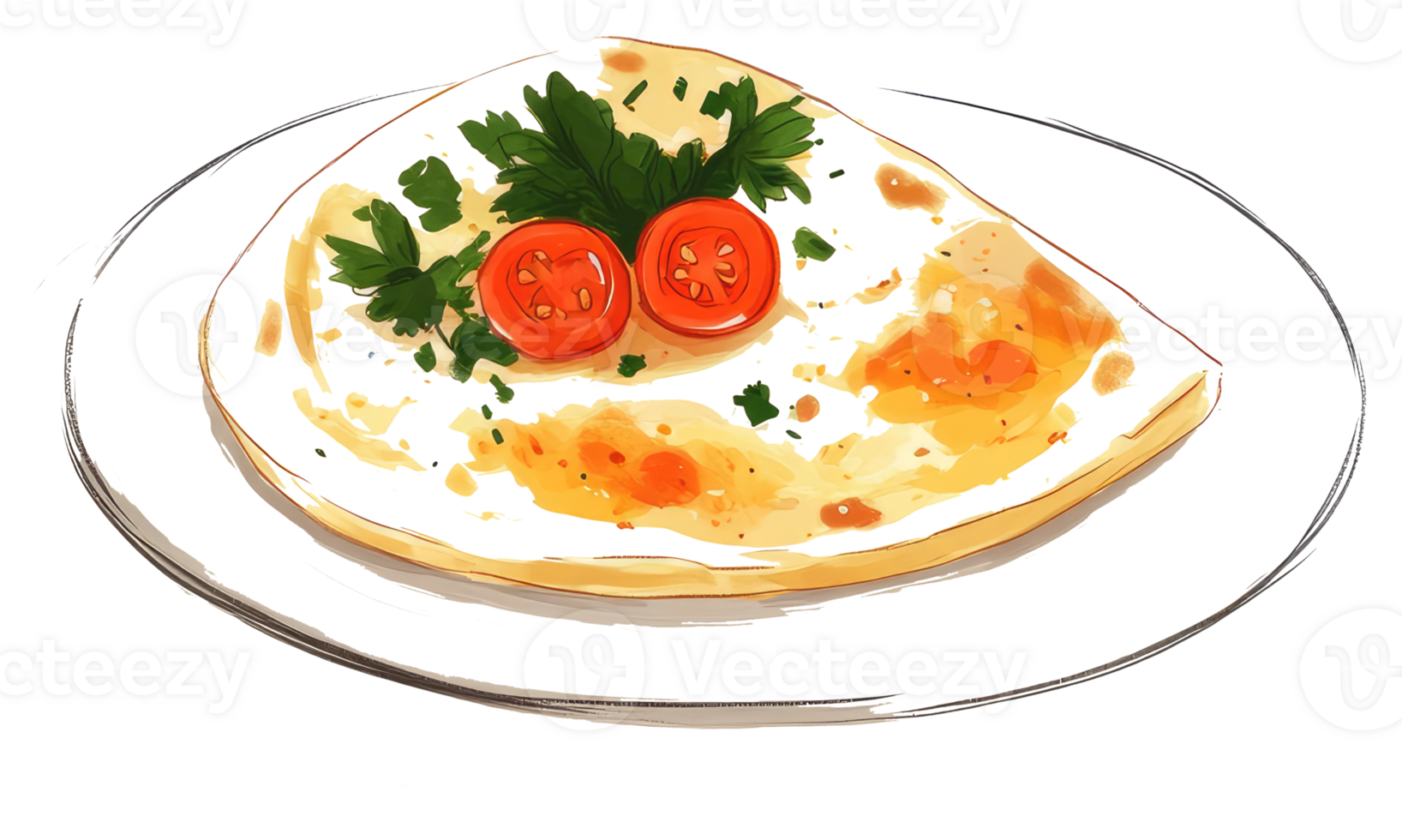 A delicious flatbread topped with tomato slices and herbs on a plate png