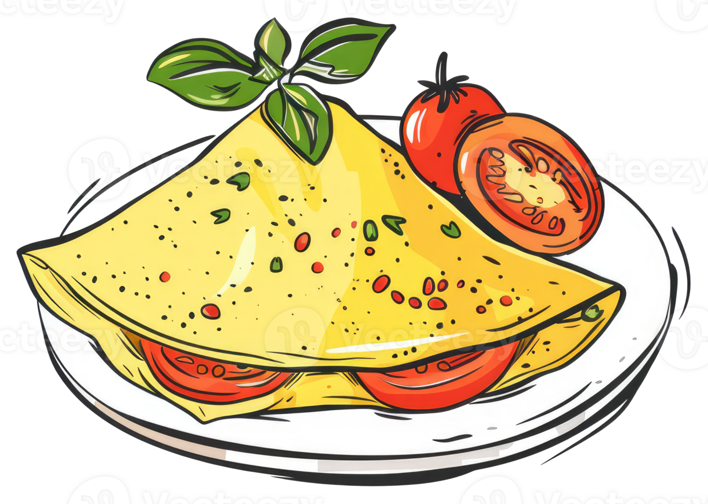 A vibrant illustration shows a delicious omelet with garnish and tomatoes png