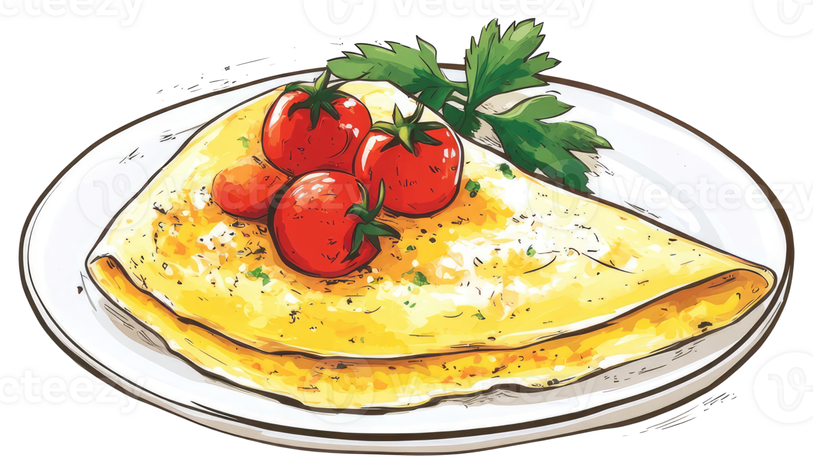 An illustrated omelet topped with fresh tomatoes and herbs on a plate png