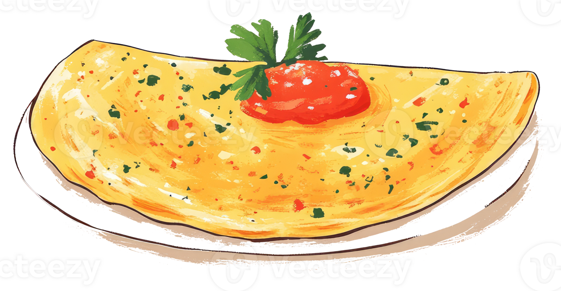 An illustrated omelette topped with tomato sauce and herbs on a plate png