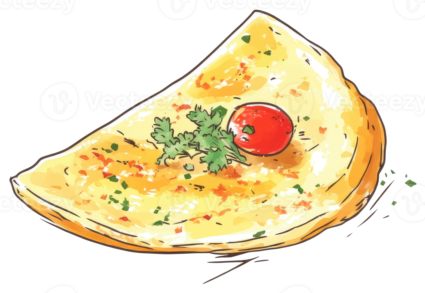 Watercolor image of a savory flatbread with toppings and garnish png