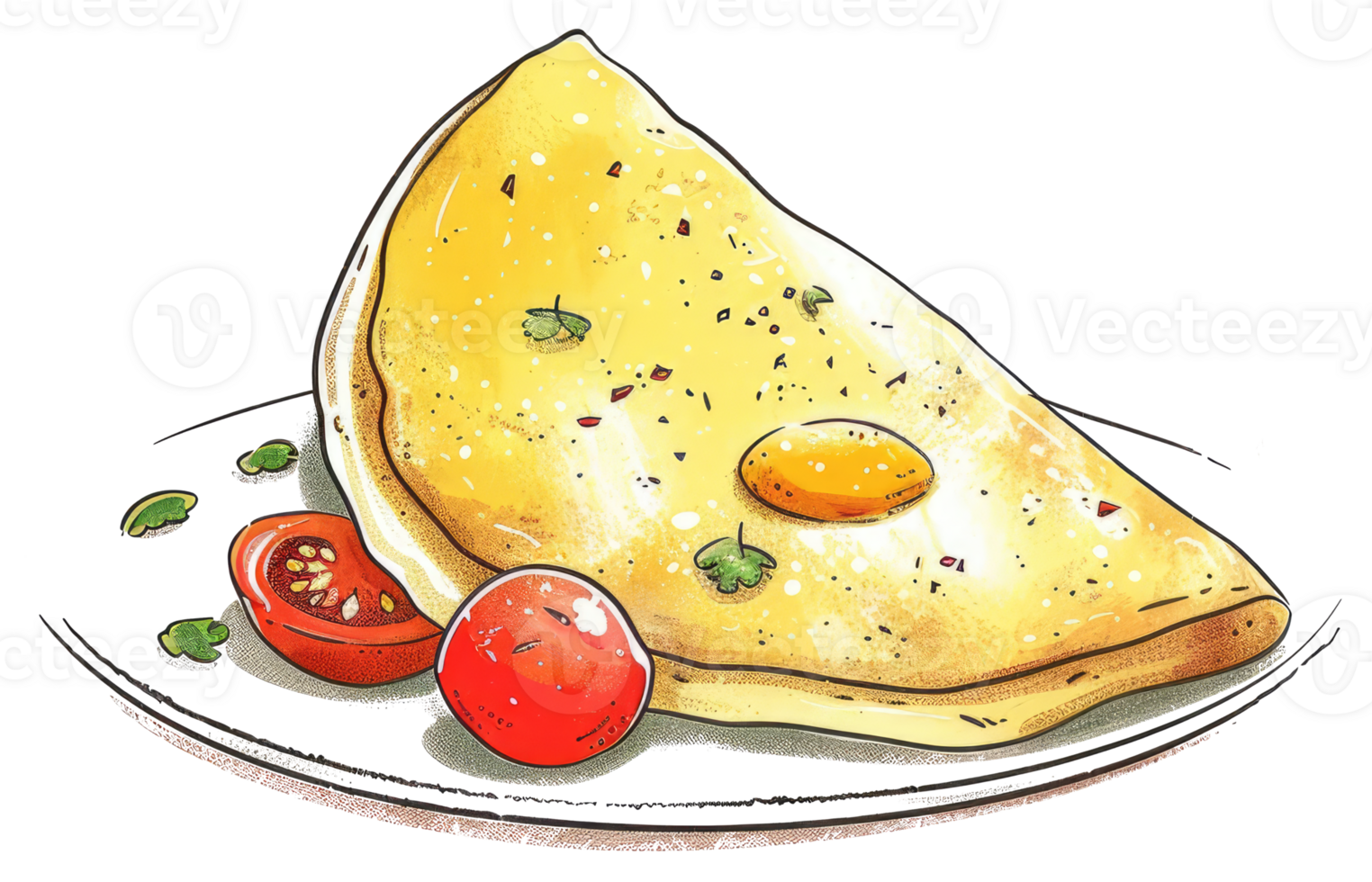 A plated omelet with tomatoes and greenery in a dish png
