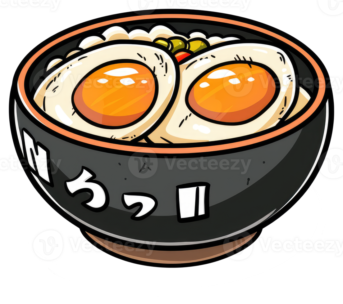 A bowl of rice topped with soft boiled eggs png