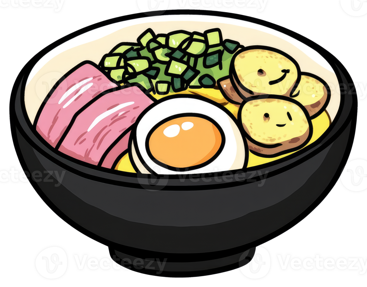 A colorful cartoon illustration of a delicious bowl of ramen png