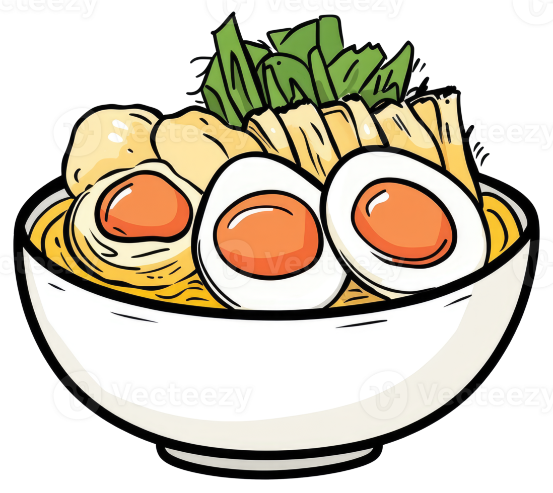 Delicious bowl of noodles with eggs and other savory toppings png