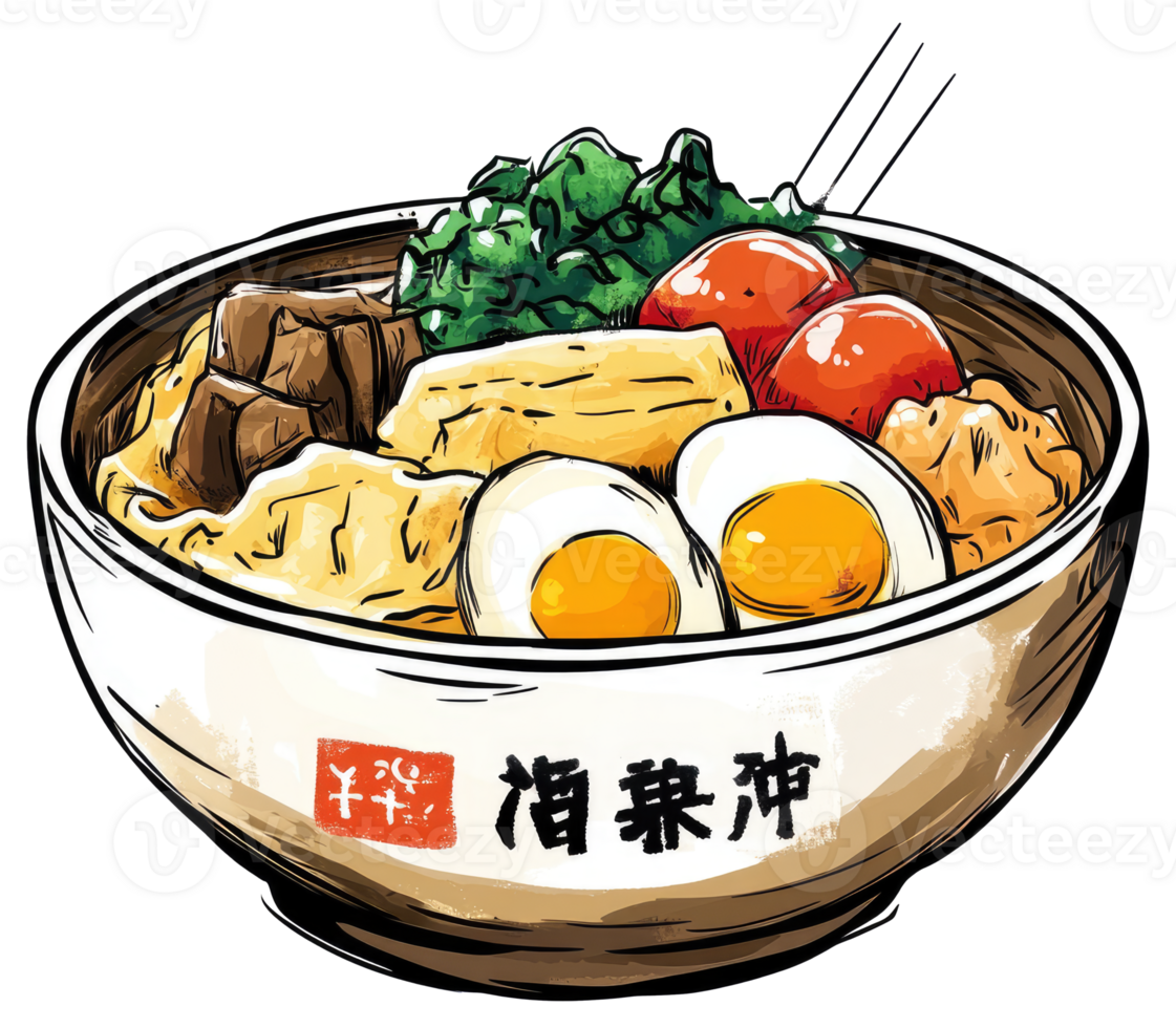 An illustrated bowl of delicious food with assorted ingredients and egg png