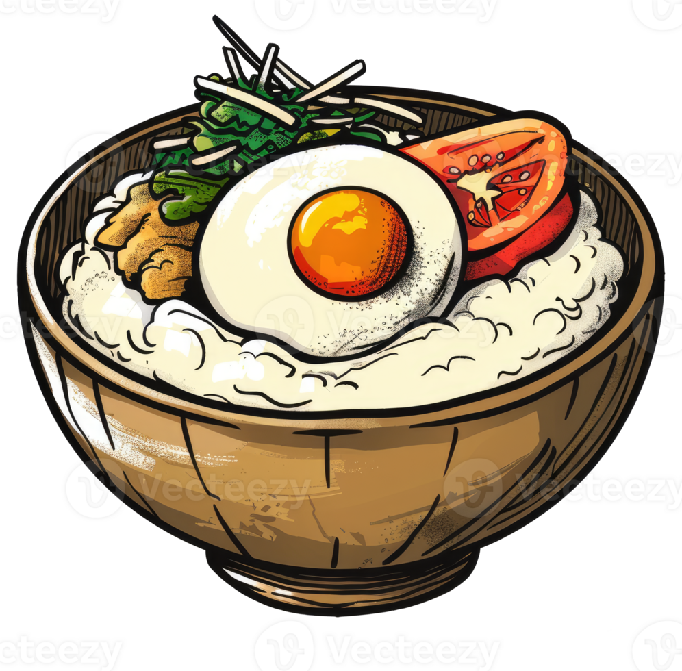 An illustrated bowl of rice topped with a fried egg and vegetables png