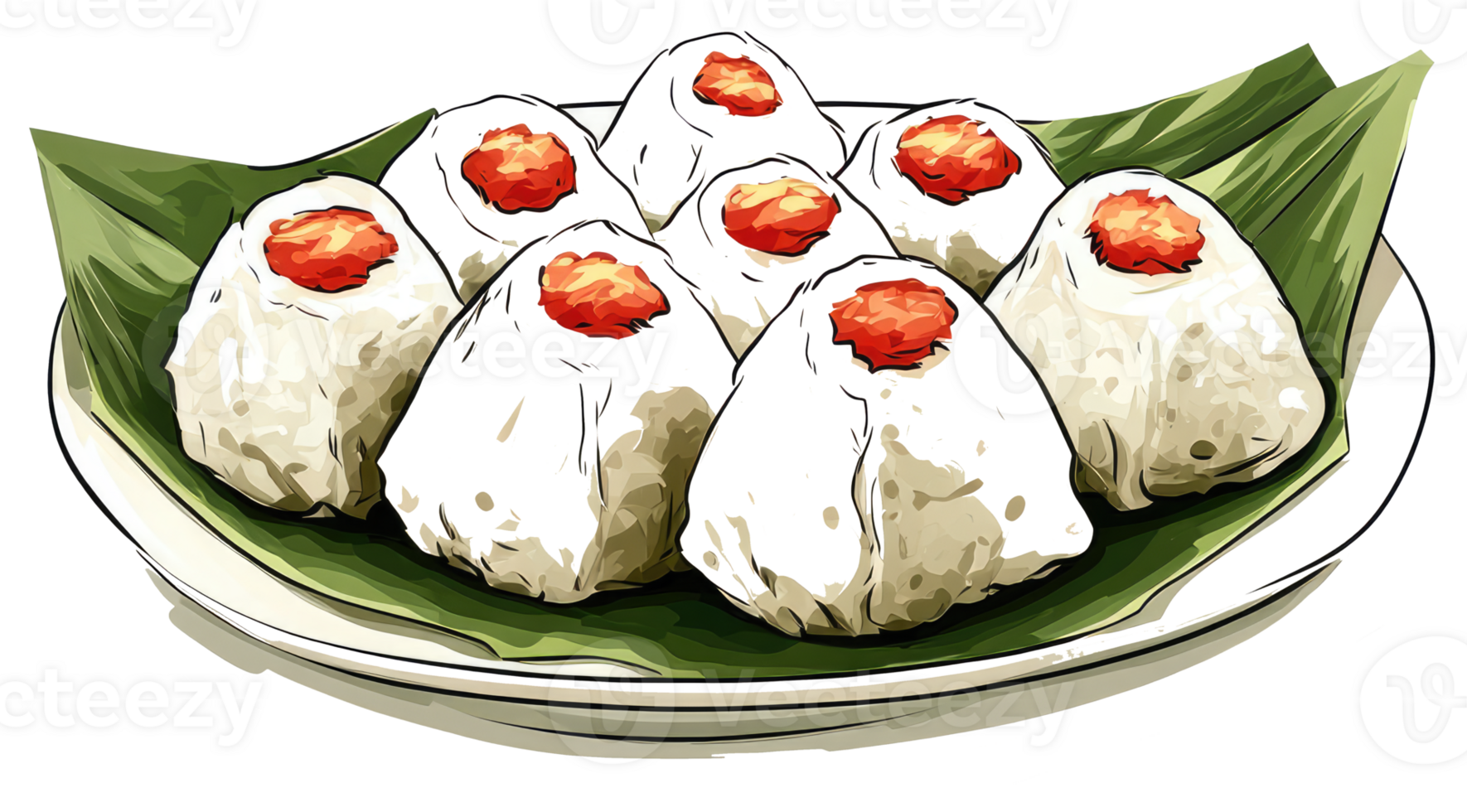 Several rice balls topped with a red ingredient are presented png