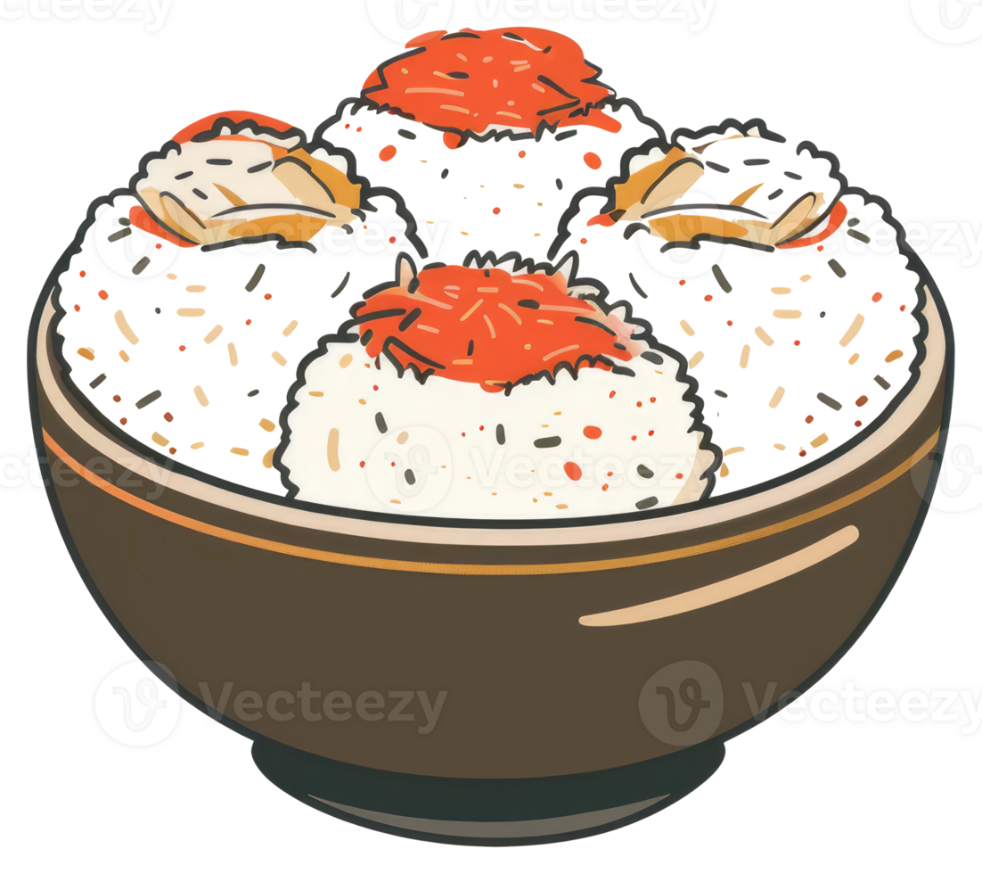 A bowl of fluffy rice topped with flavorful food items png