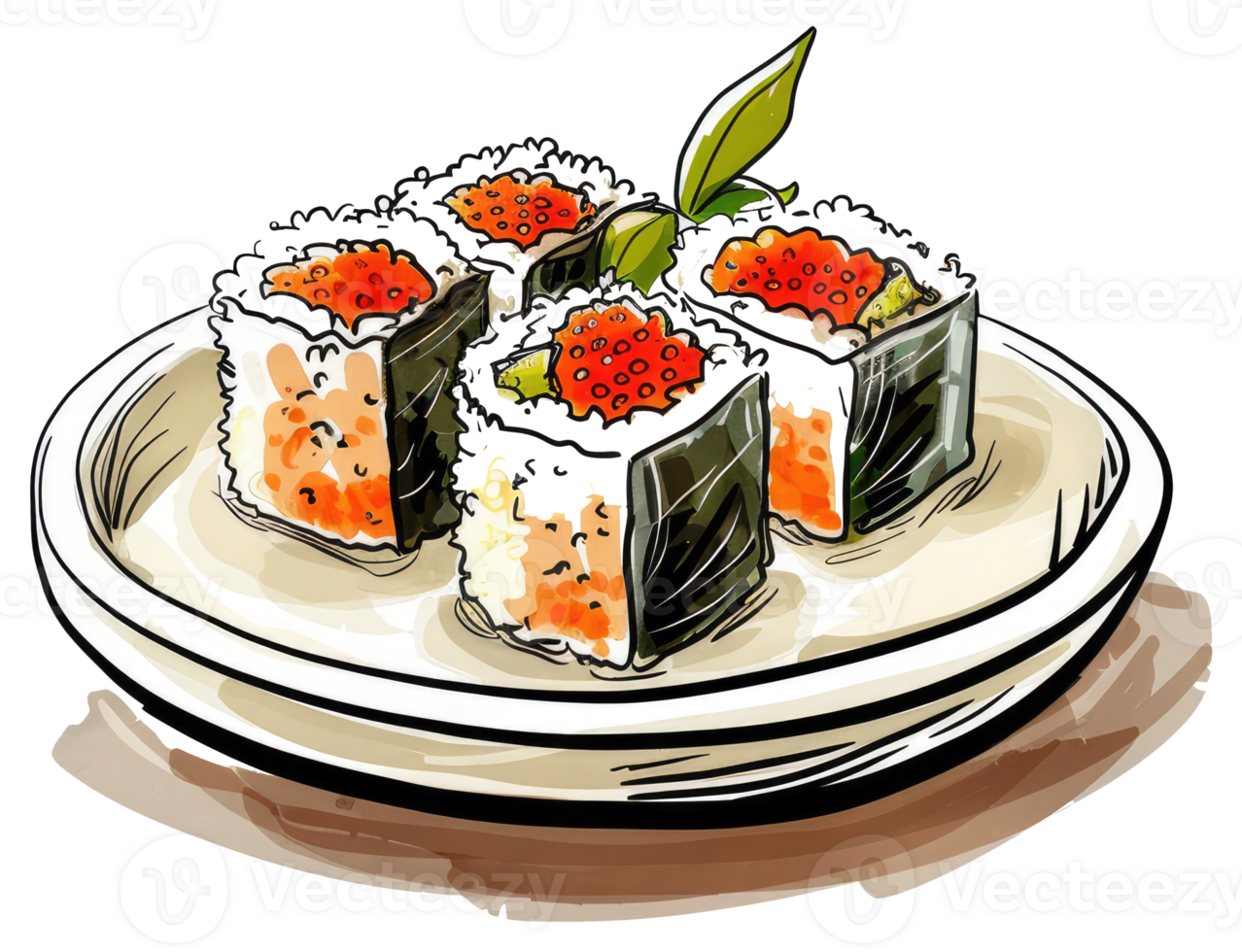 A plate of sushi rolls with colorful toppings presented png