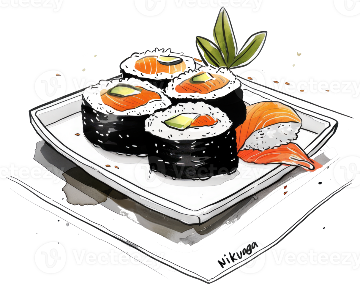 A colorful illustration showcasing plates of artistic sushi arrangements png