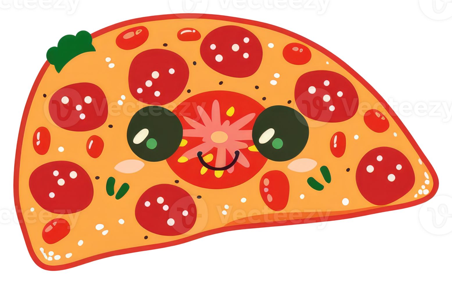 A happy cartoon pizza slice with various tasty toppings png