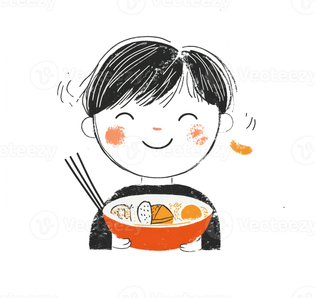 Smiling cartoon person holding a bowl of delicious hot noodles png