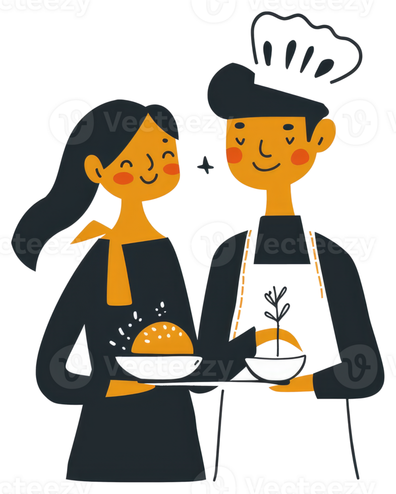 Two happy individuals serving food on trays in an illustrated image png