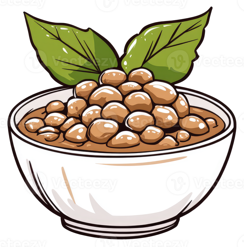 An illustrated cartoon bowl filled with savory cooked beans and herbs png