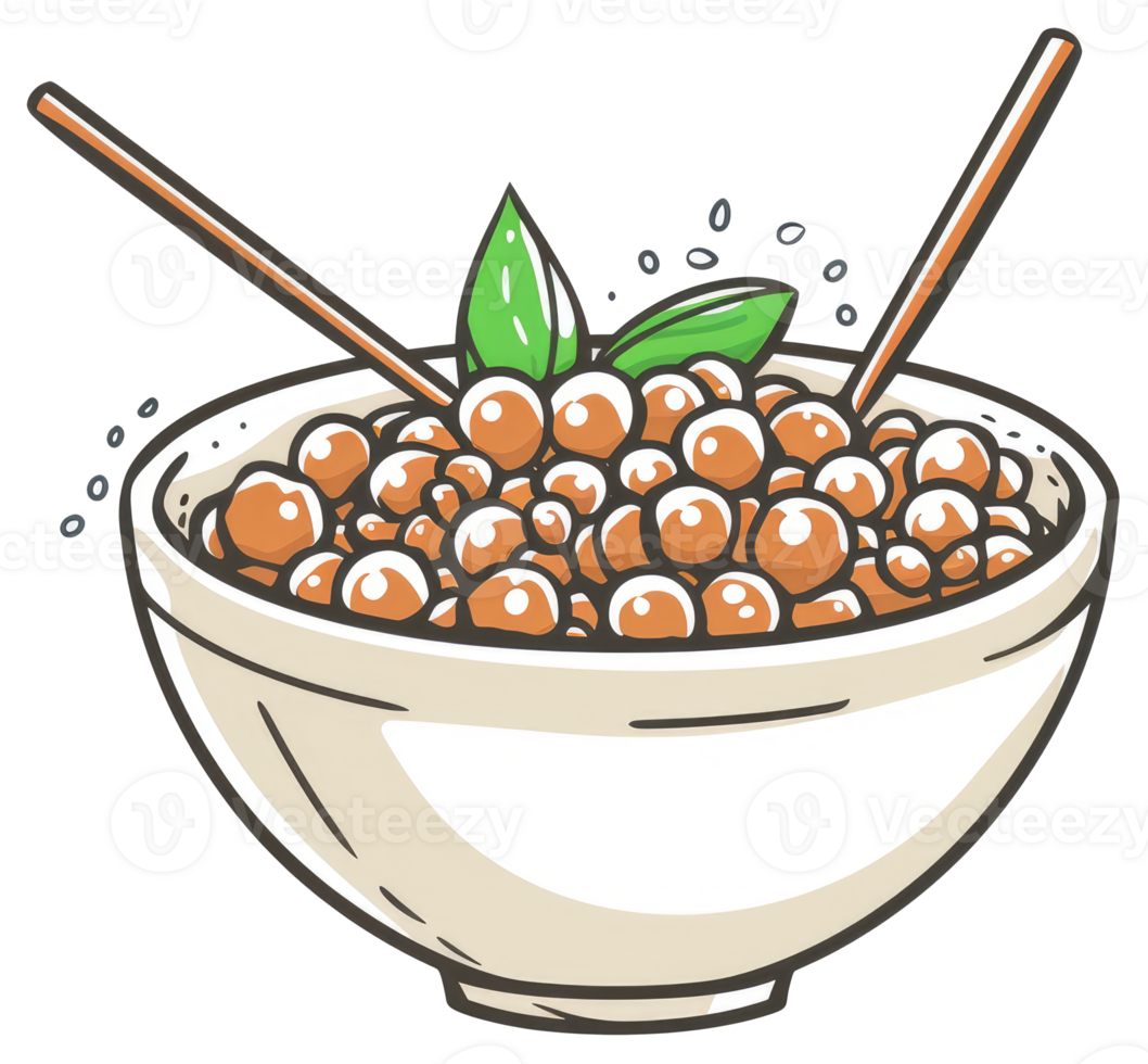 A bowl of food with chopsticks and green garnishes png