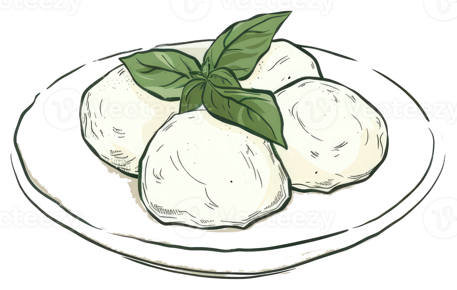 Fresh mozzarella cheese and basil leaves arranged on a plate png