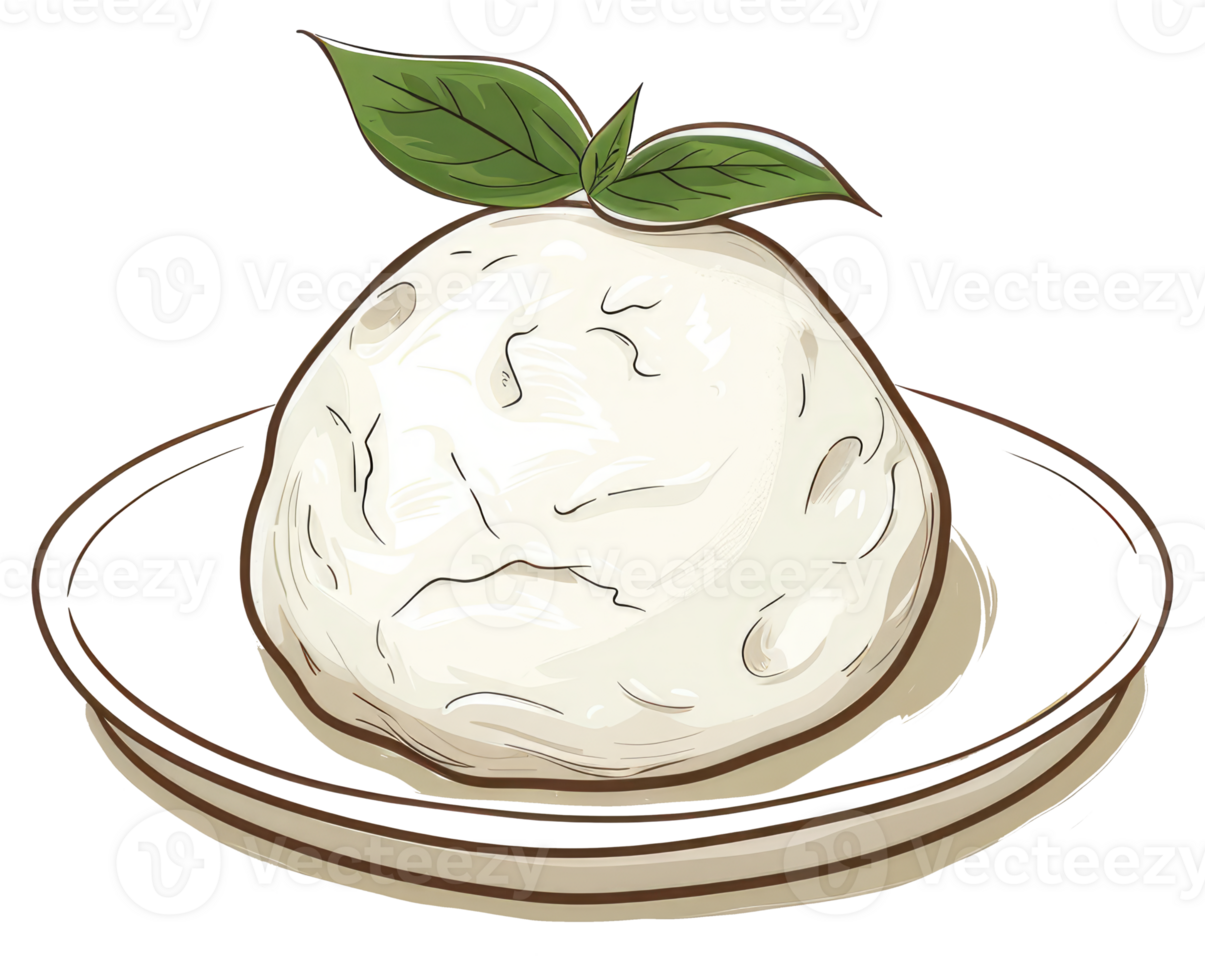 A white ball of food with green leaves on a white plate png