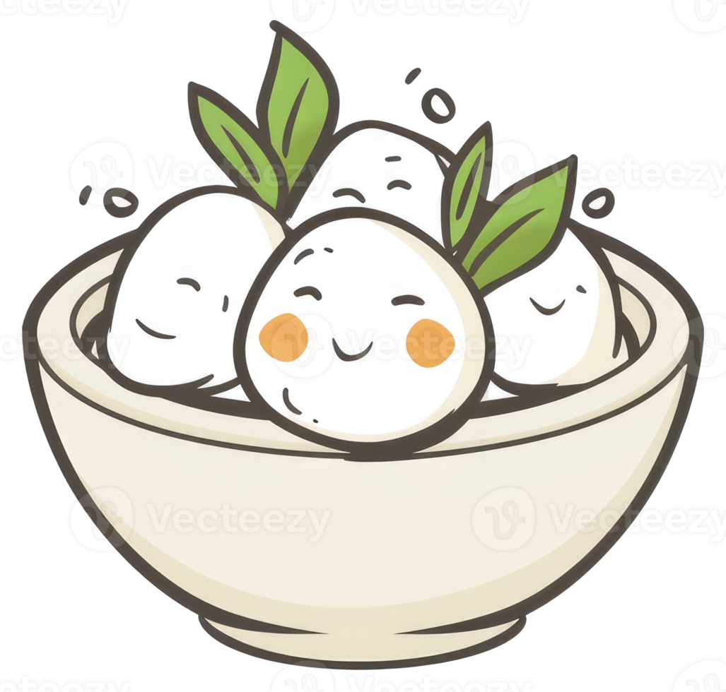 Cute cartoon dumplings served with green leaves in a bowl png