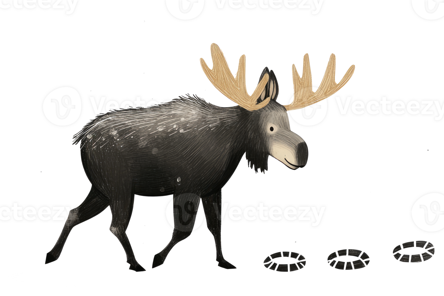 An Illustrated Moose with Antlers Walking Across a Plain White Surface png