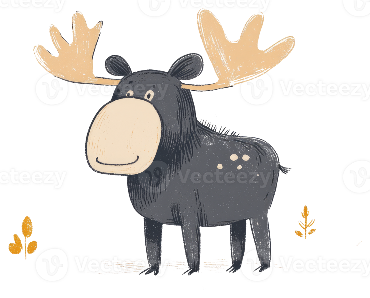A cheerful cartoon moose character standing with large majestic antlers png
