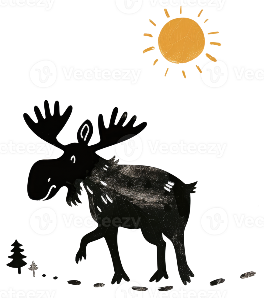 A stylized depiction of a moose under a shining sun png