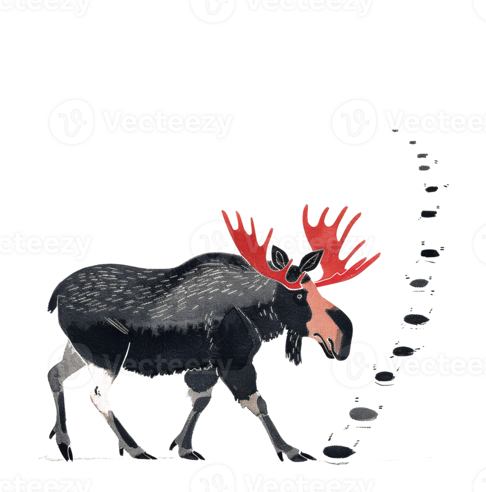 A large moose animal is walking with its footprints behind it png