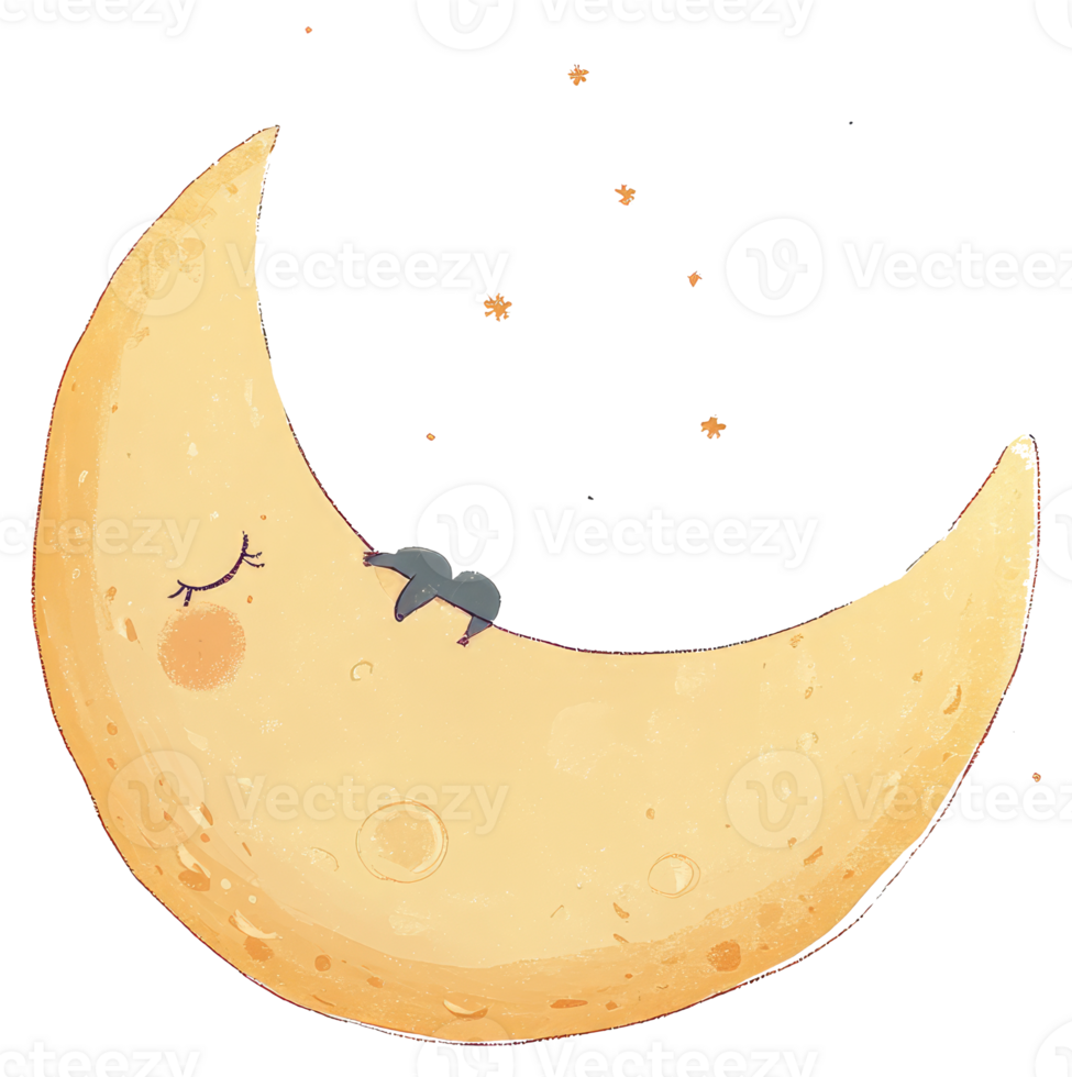 A cartoon crescent moon is peacefully sleeping with stars around png