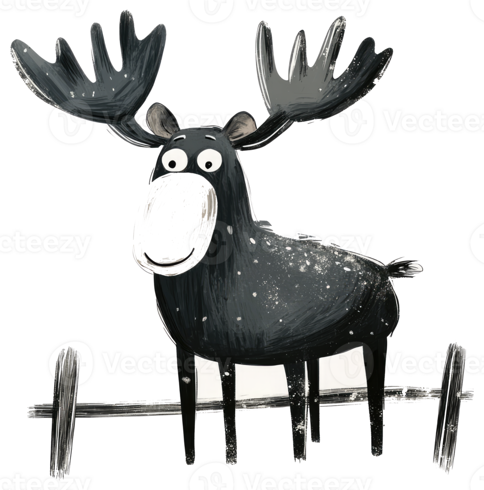 A smiling cartoon moose with large antlers standing on a white background png