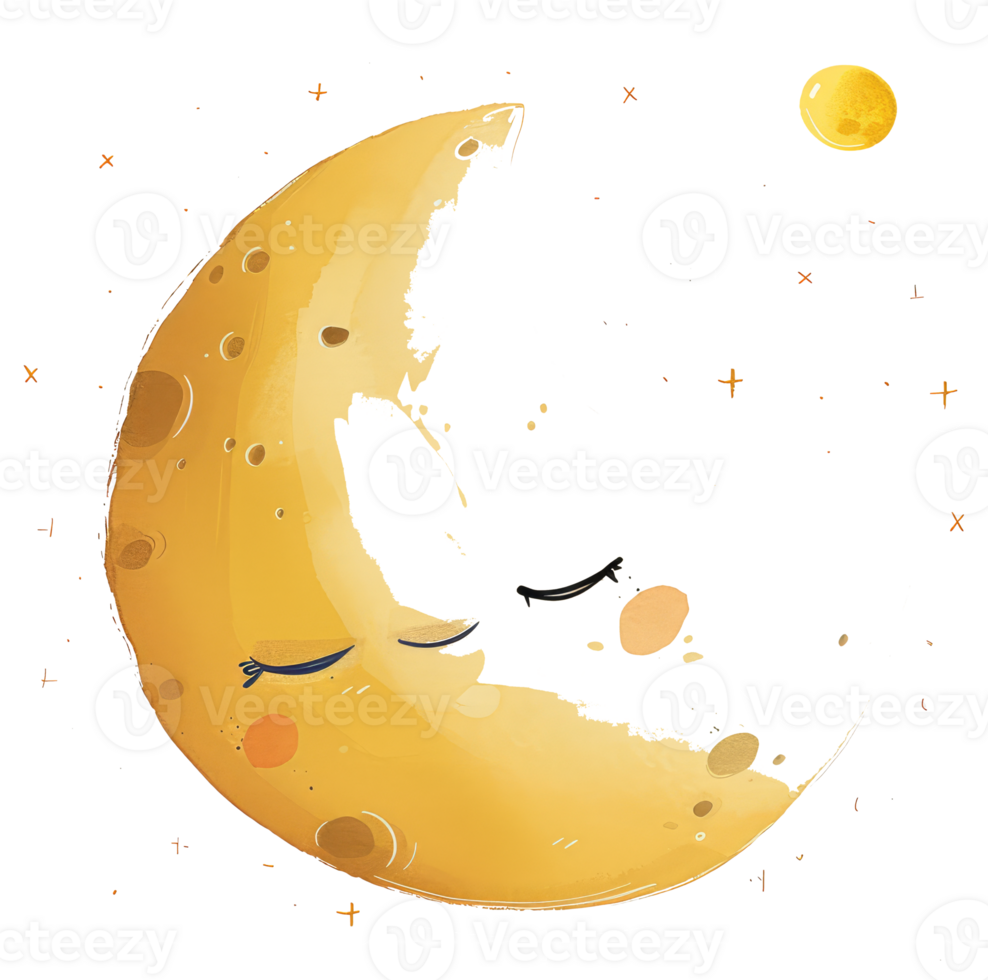 A yellow crescent moon with a sleeping face surrounded by stars png