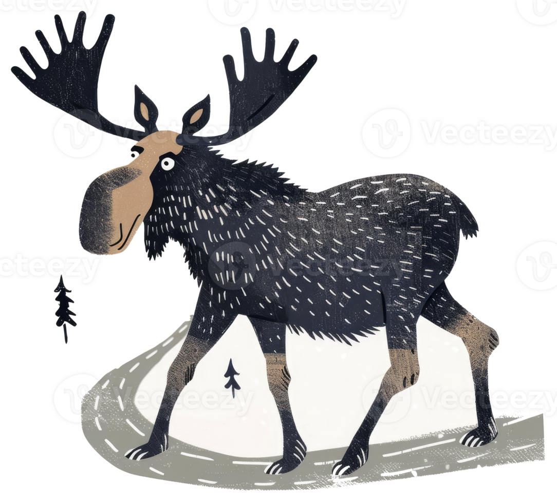 An illustrated moose walking on a paved path with small trees nearby png