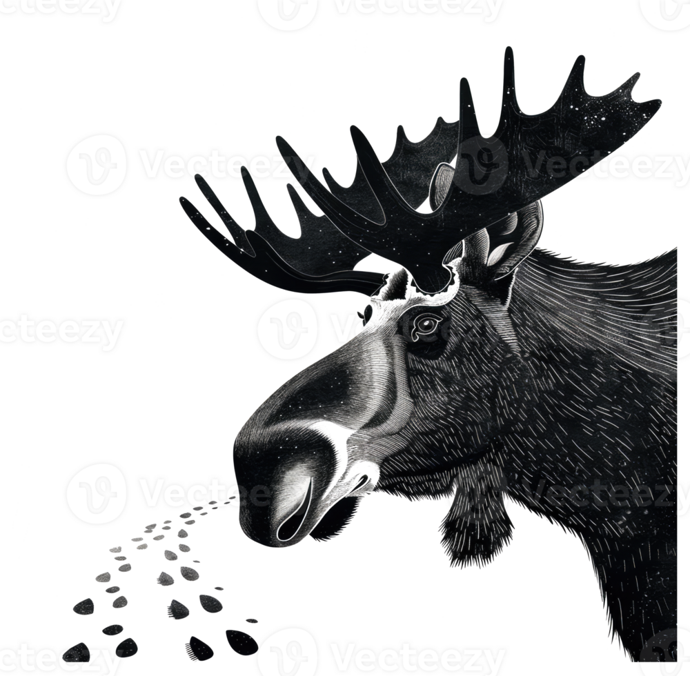 A monochrome illustration depicting the head of a majestic moose png