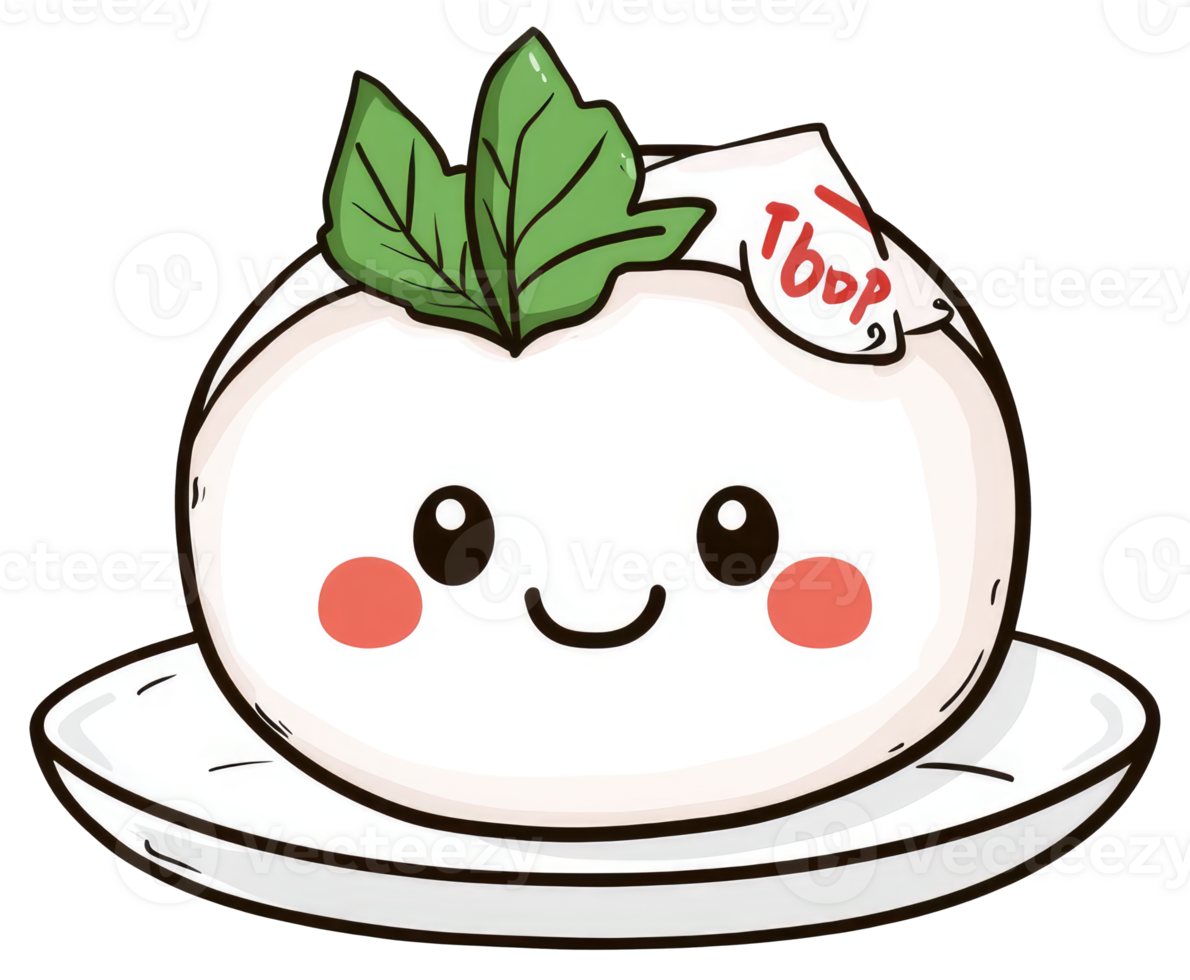 A cute illustrated dumpling with smiling face and green leaves png