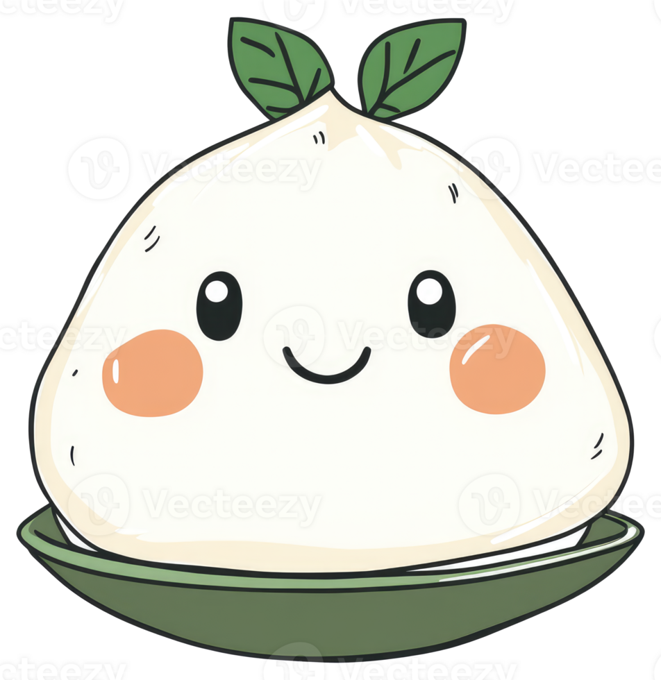A Smiling Cartoon Dumpling Decorated With Green Leaves Sitting on a Plate png