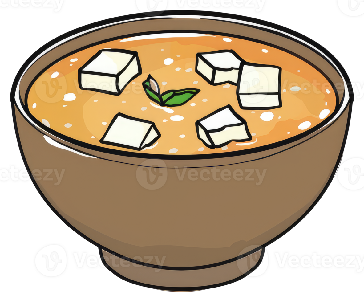 A Bowl Of Soup Containing Tofu With Green Leafy Garnish png