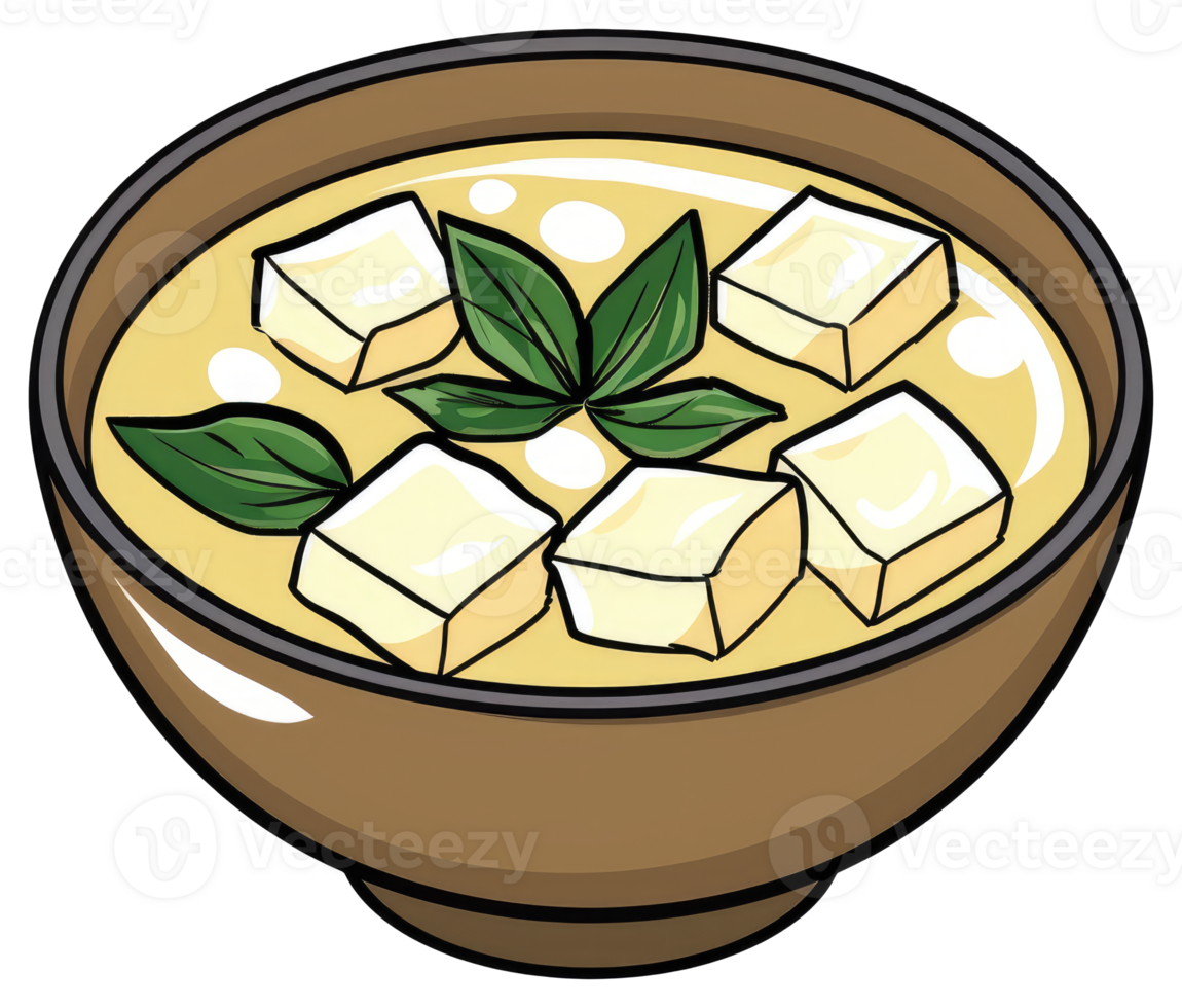 A brown bowl contains green soup with tofu cubes and herbs png