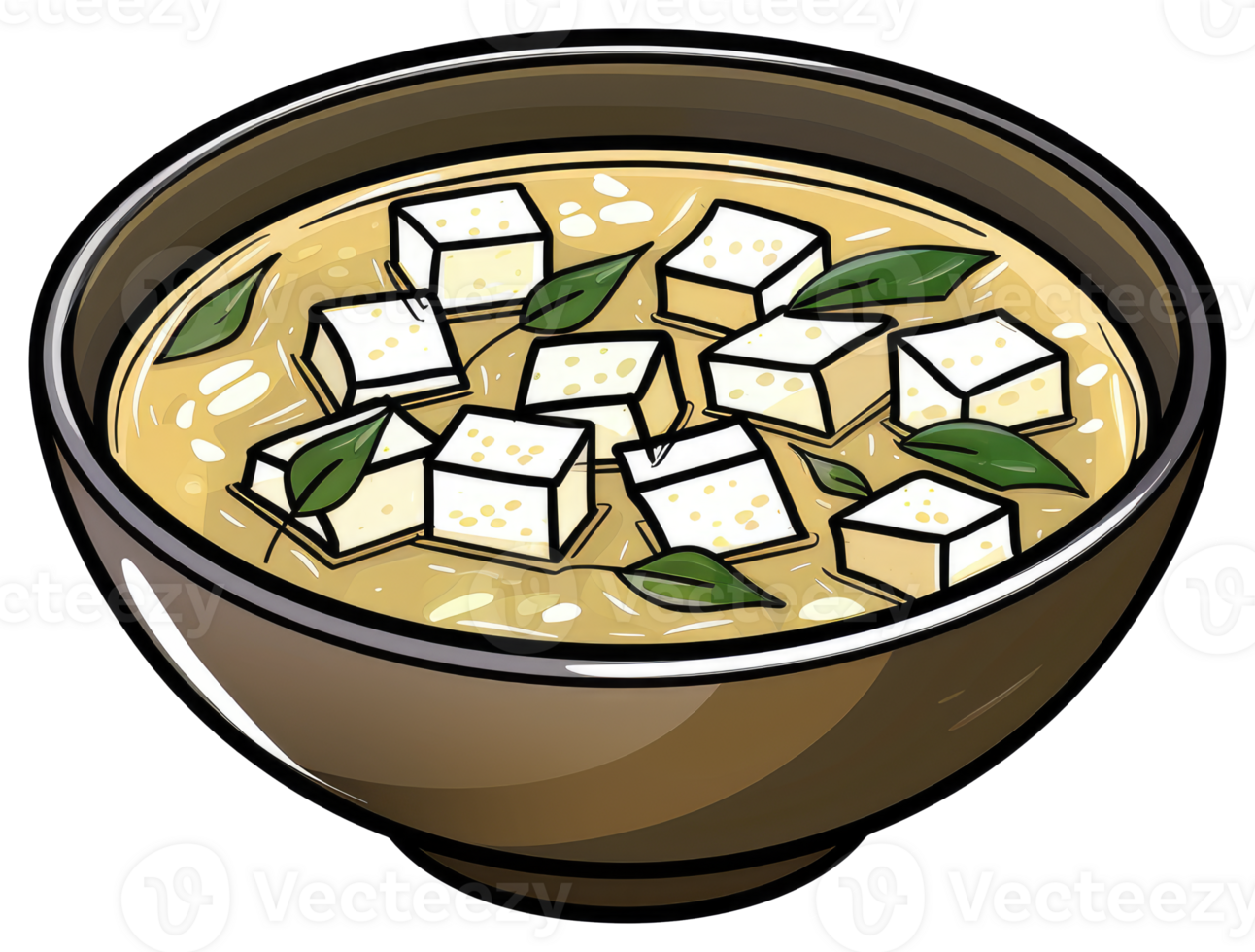 Delicious looking bowl of miso soup with tofu and herbs png