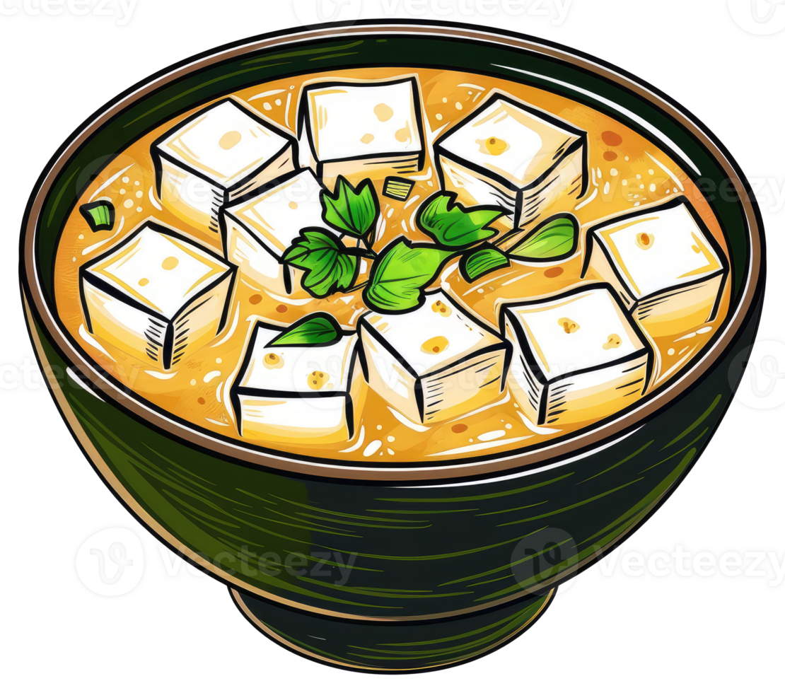 An illustration of a bowl of miso soup with tofu pieces png