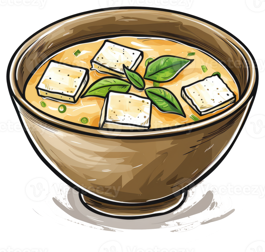 A delicious bowl of soup with tofu and fresh leafy greens png