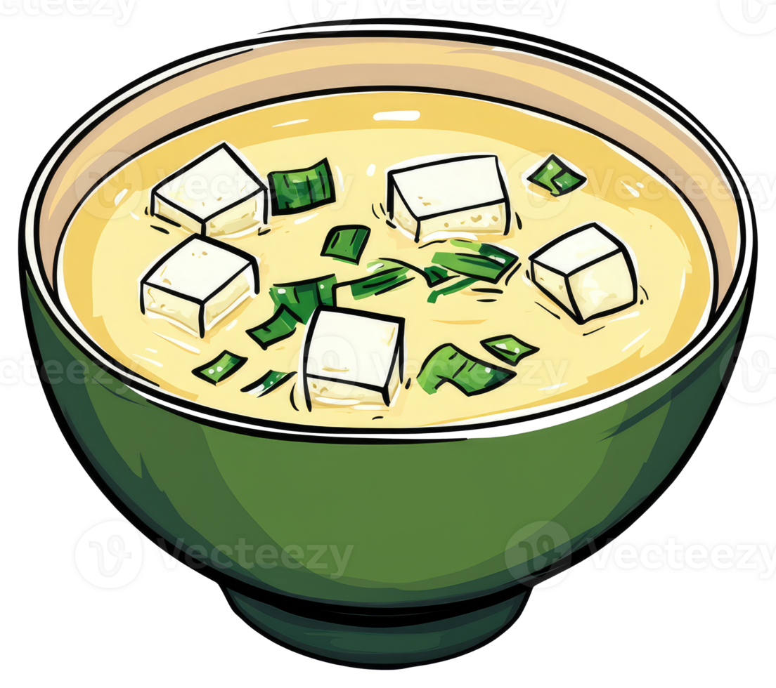 A bowl of soup with tofu and chopped green onions png