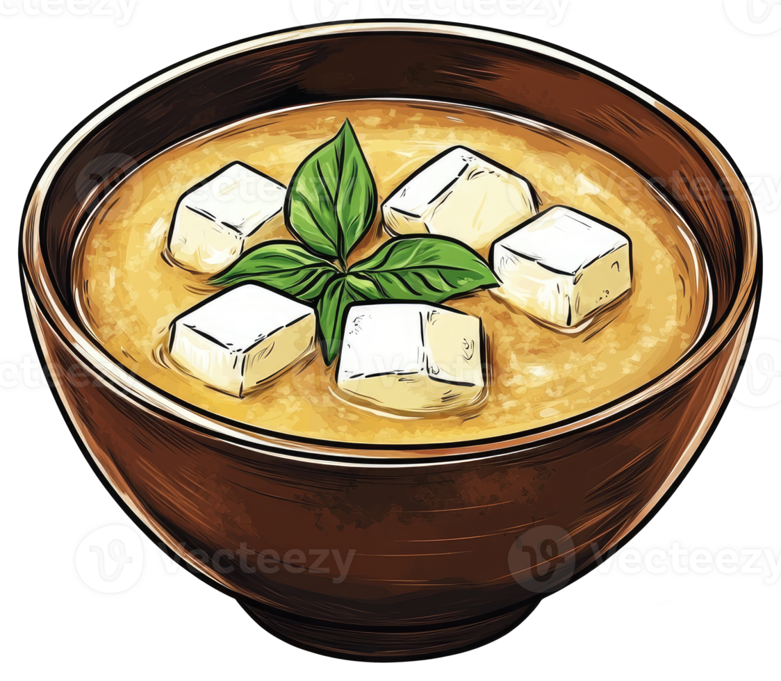 A decorative bowl filled with broth tofu and fresh herbs png