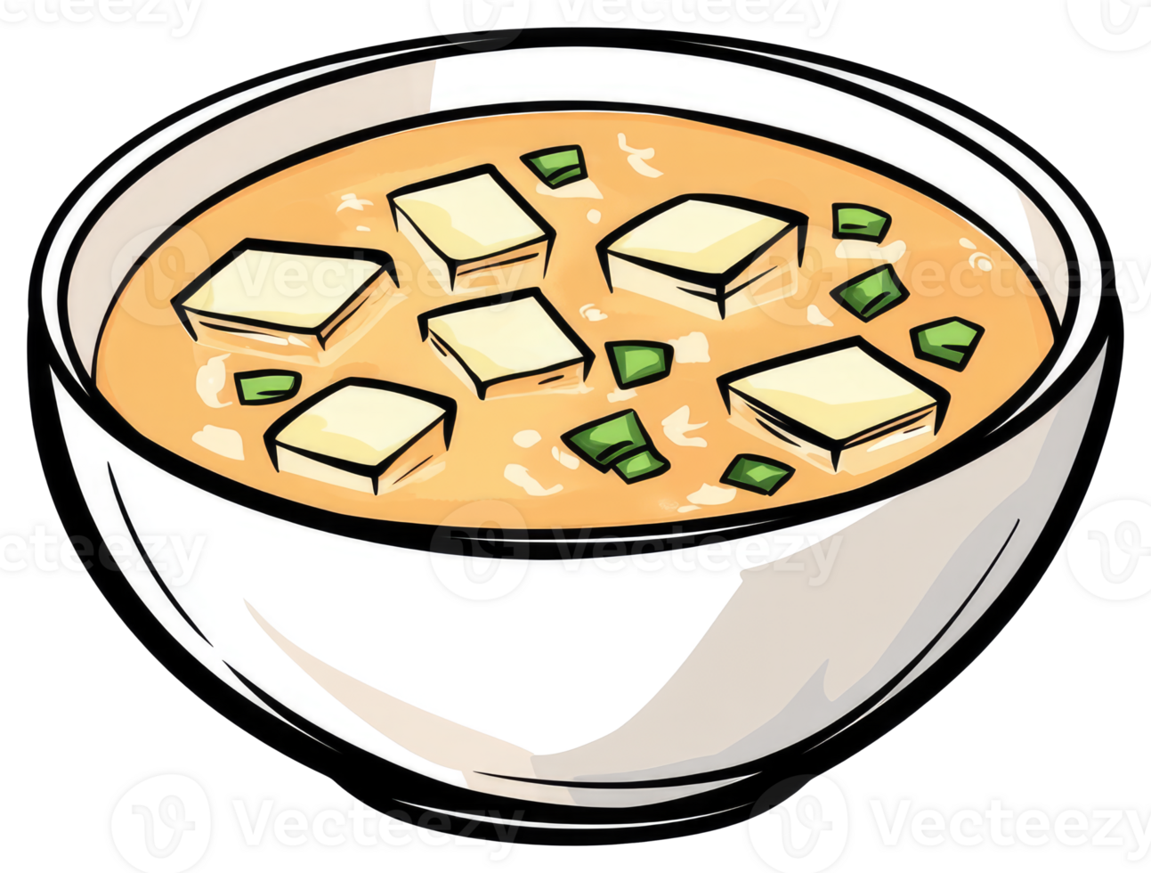 A filled white bowl of savory broth with floating tofu squares png