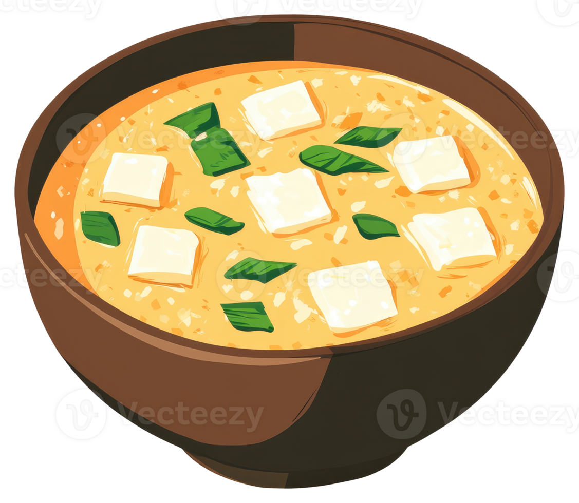 A bowl of yellow soup with tofu and green herbs png