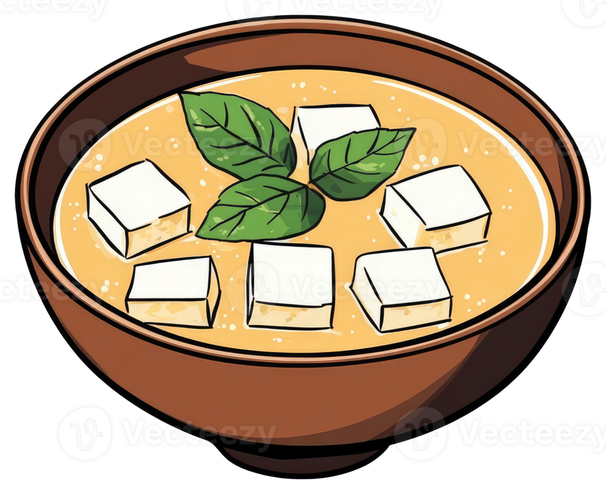 A Bowl of Soup Contains Tofu and Green Leaf Decorations png