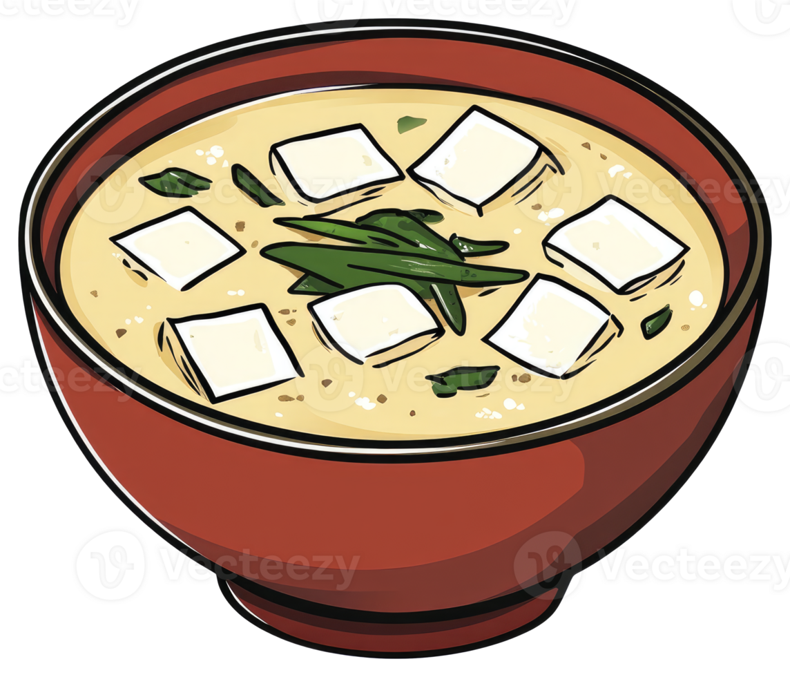 A bowl of soup filled with tofu and fresh green herbs png
