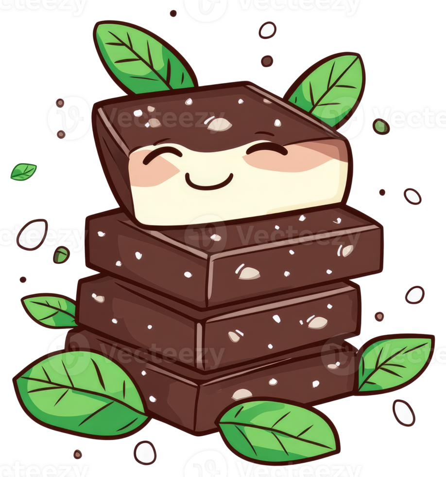 A Stacked Dessert with Green Leaves and a Smiling Face png